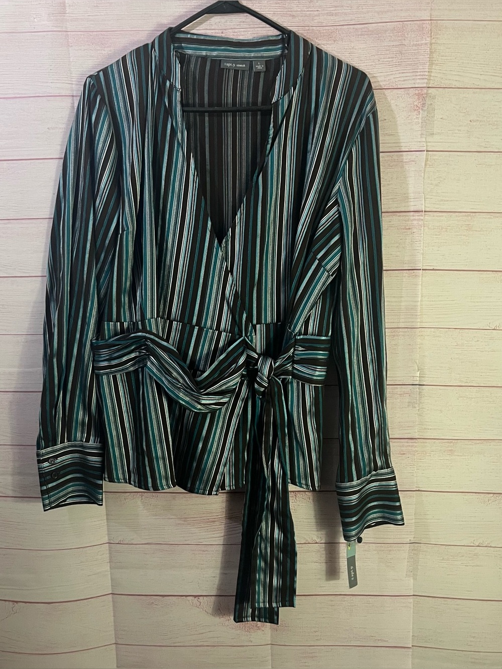 Apt. 9 NWT Jade Green Brown Silver Stripe V Neck Tie Waist Wrap Blouse Large